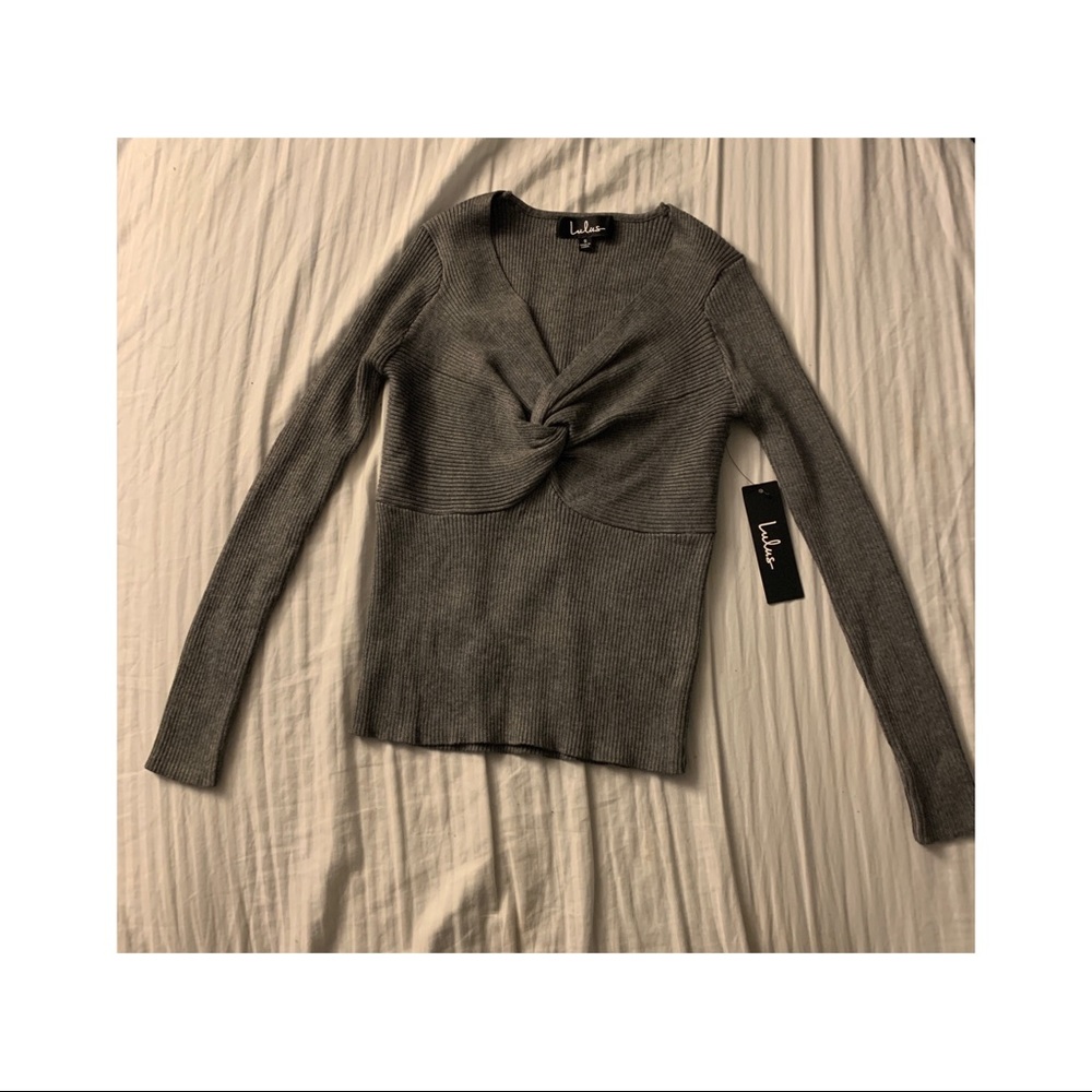 Lulu’s Reseda Grey Knotted Ribbed Sweater - Picture 4 of 5